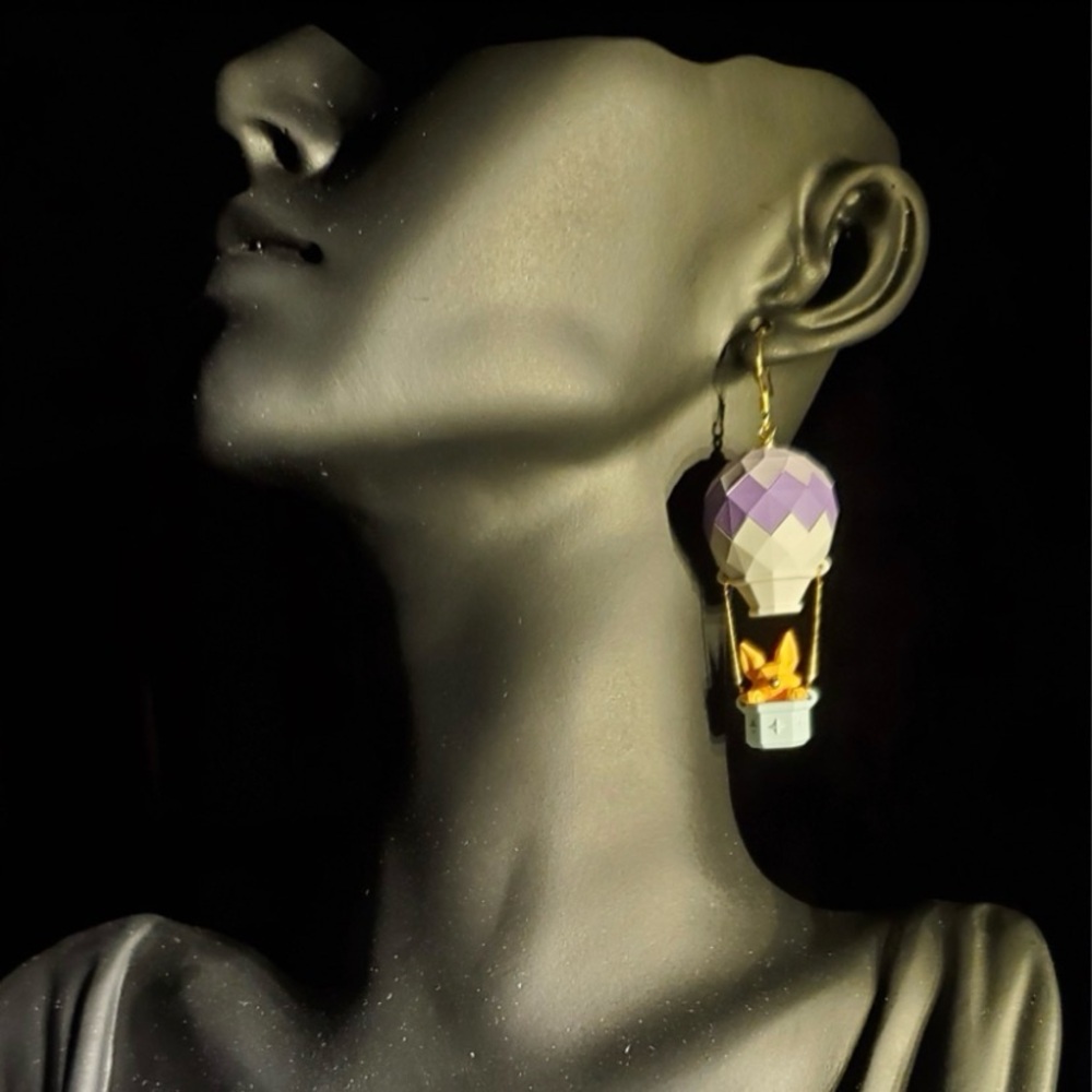 Elegant Purple and Gold Cartoon Fox Hot Air Balloon Earrings